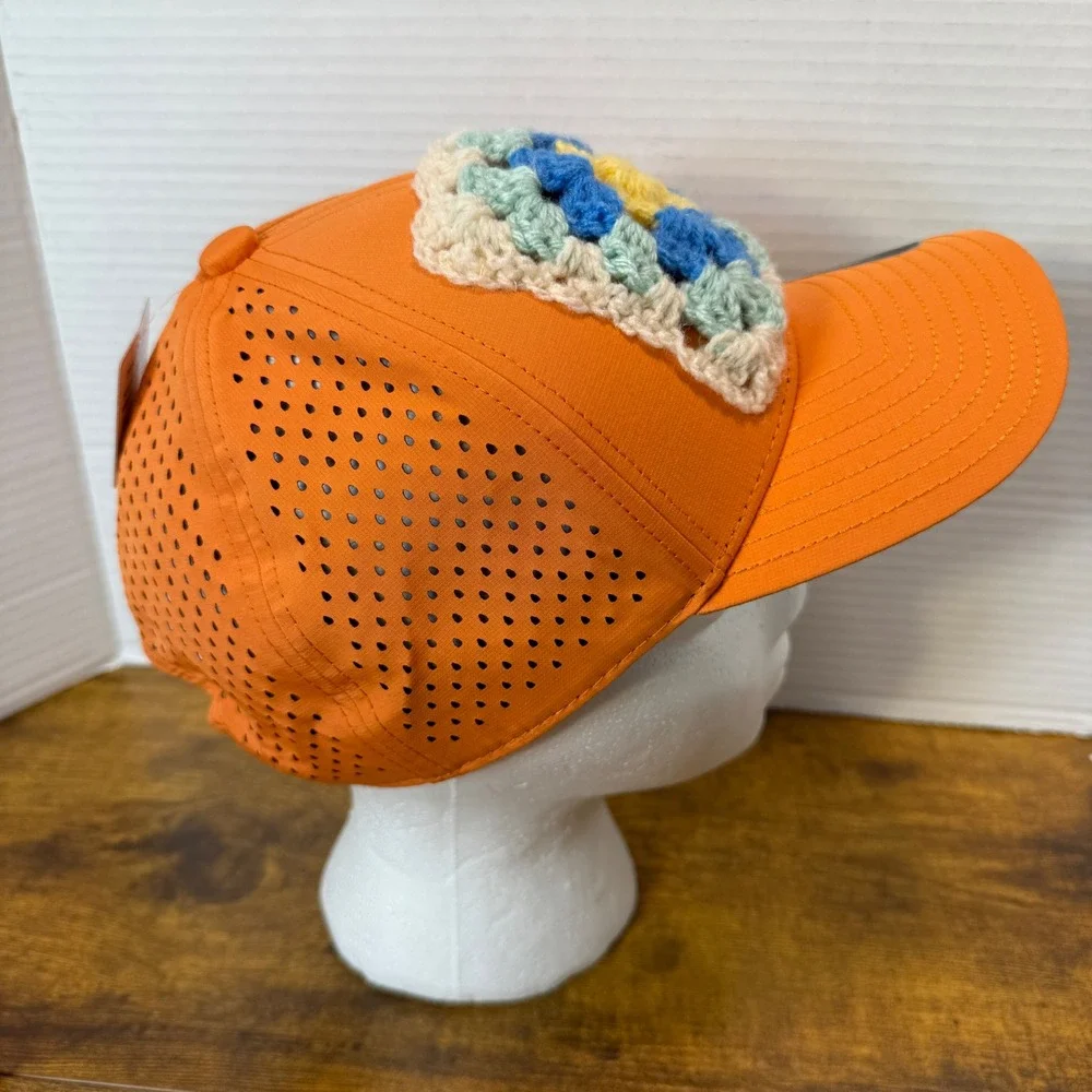 Custom Handmade Crochet Granny Square Trucker Hat Snapback Cap Women Orange Boho